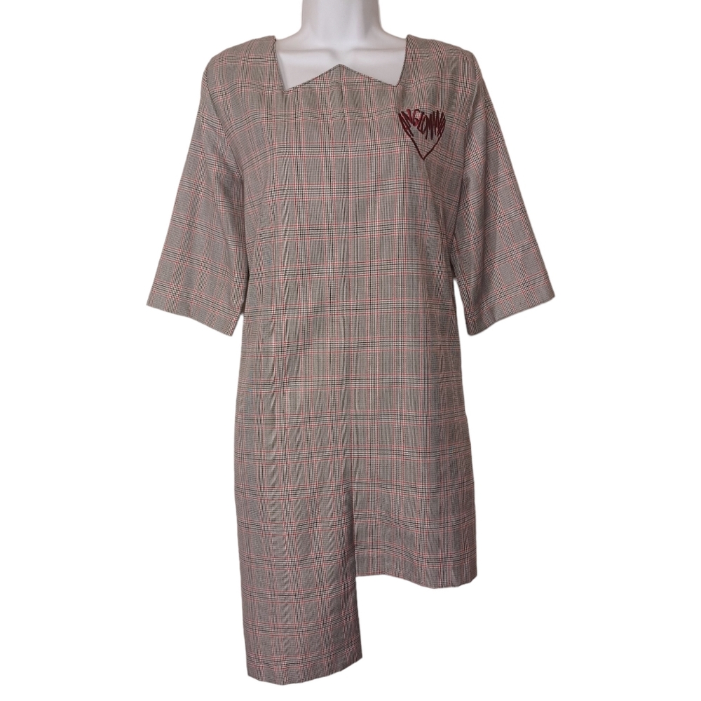 LAYERING "Anglomania" Gray Red Plaid Embroidered Asymmetric Preppy Dress L